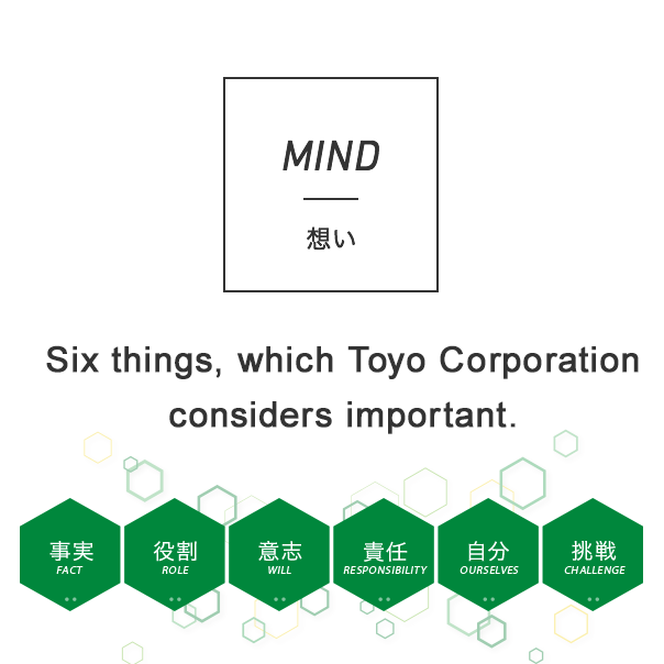 MIND 想い Five things, which Toyo Corporation considers important.