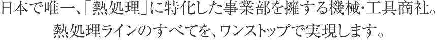 日本で唯一、「熱処理」に特化した事業部を擁する機械・工具商社。熱処理ラインのすべてを、ワンストップで実現します。